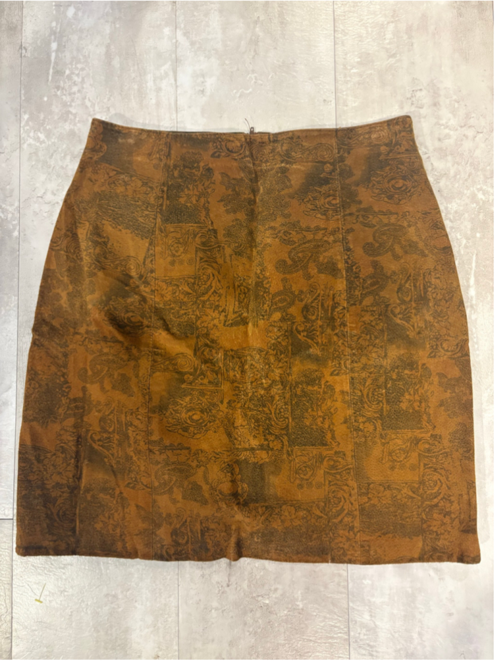 Wilsons Leather Brown Suede Patchwork Print Pencil Skirt Size 10 Vintage